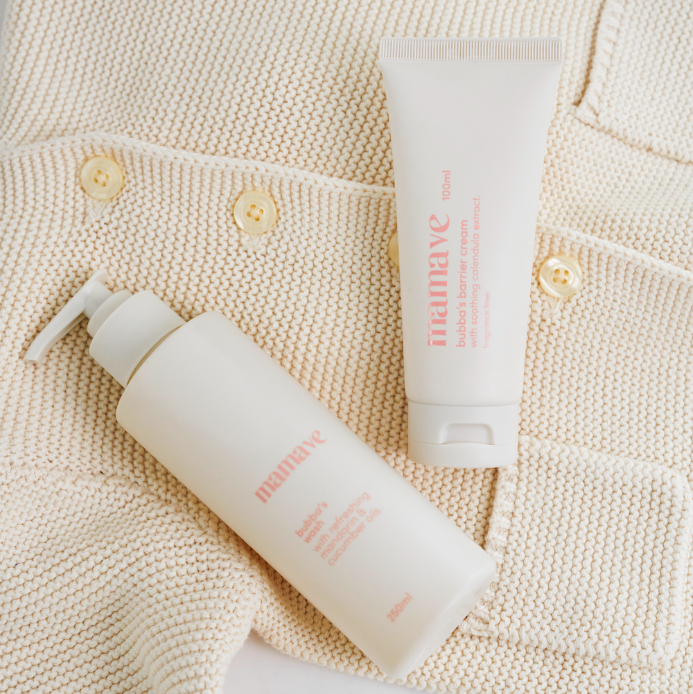 bubba's moisturiser and bubba's barrier cream on a towel with baby wipes